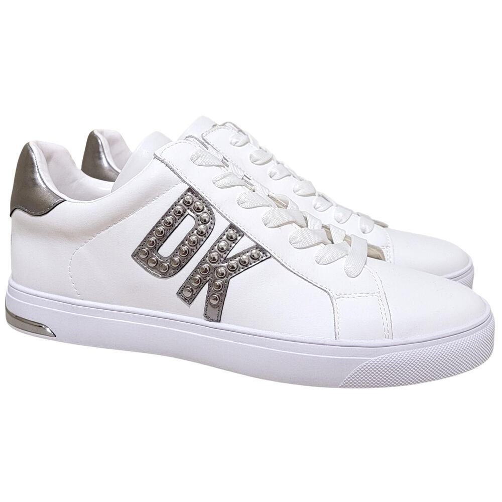 DKNY Women Abeni Lace Up Low Top Logo Sneakers Size US 10M White Nickel Grey
